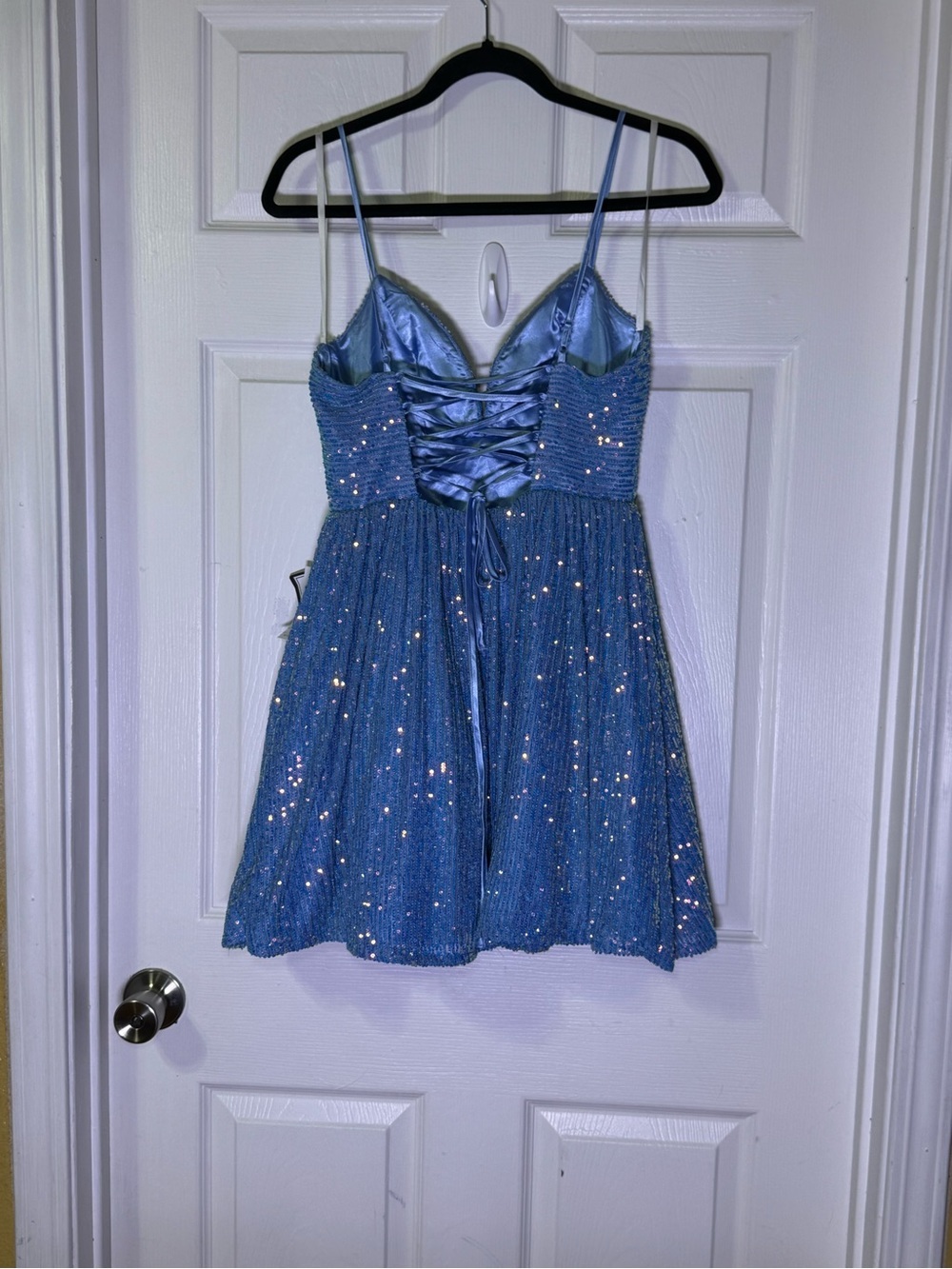B Darlin Sky Blue Sequin Spaghetti Strap Party Dress - Picture 6 of 11